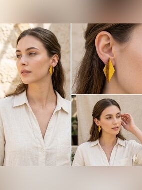 Vintage Handmade Wooden Diamond Stud Earrings Geometric Natural Wood Statement